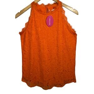 Floral Lace Sleeveless Halter Blouse Sz S Orange Lace Feminine Spring Croquette